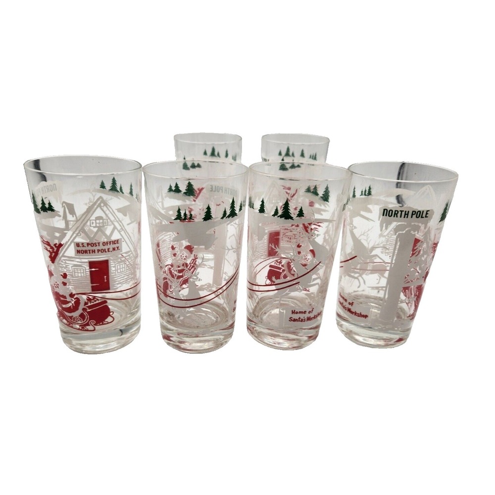 Libbey MCM Santa Reindeer North Pole Post Office Drinking Glasses Set of 6 RARE